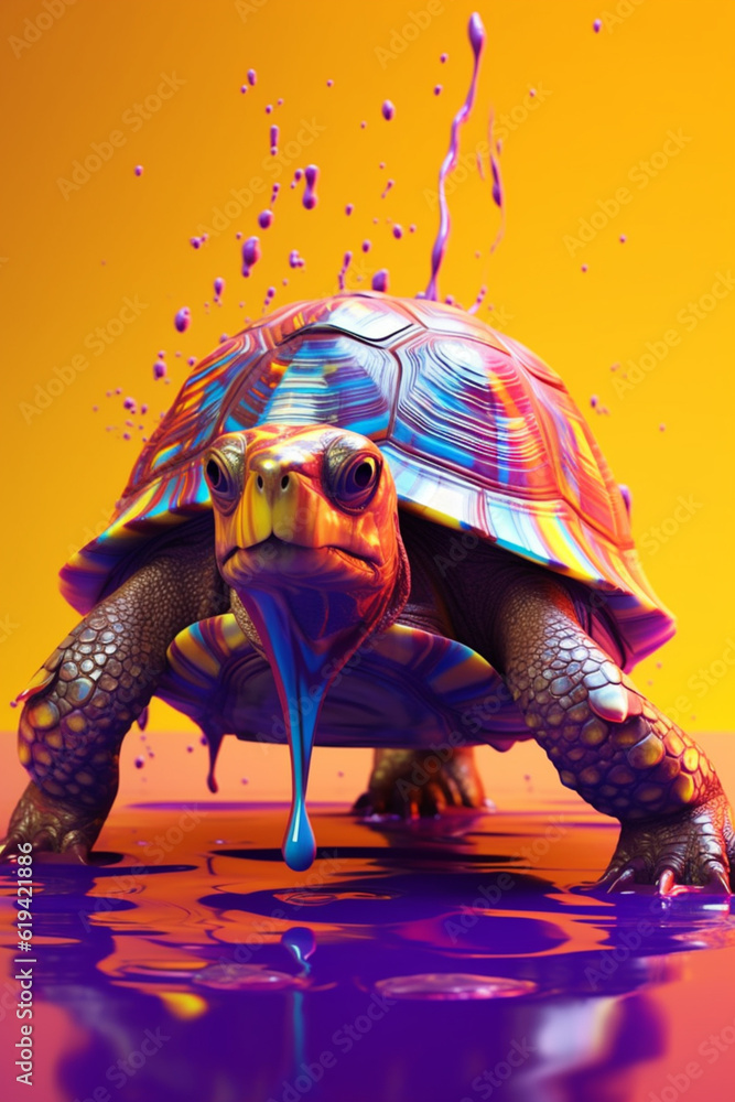 Poster an abstract surreal photograph of a tortoise splashed in bright paint, contemporary colors and mood 
