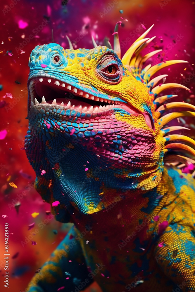 Poster an abstract surreal photograph of a iguana splashed in bright paint, contemporary colors and mood so