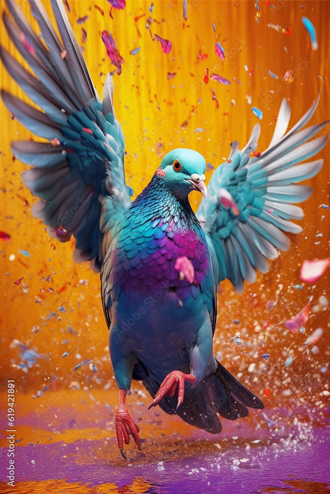 Poster an abstract surreal photograph of a pigeon splashed in bright paint, contemporary colors and mood so