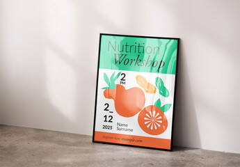 Mockup of customizable vertical poster frame 91.5 x 61cm leaning against wall