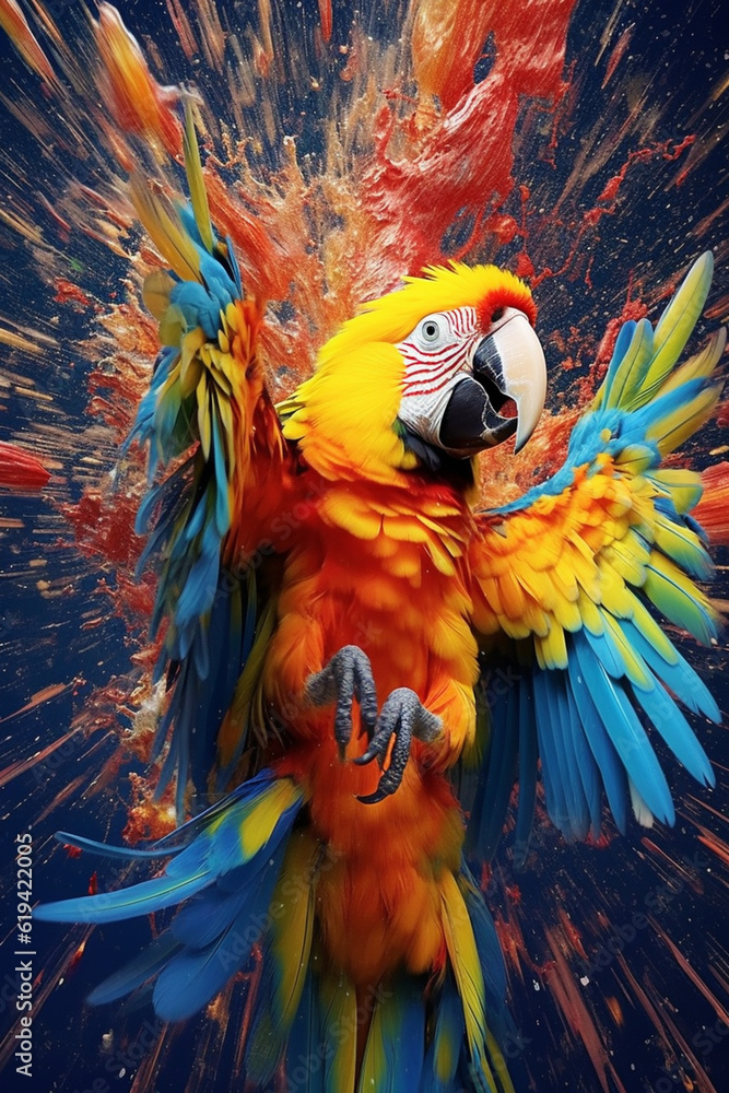 Poster an abstract surreal photograph of a macaw splashed in bright paint, contemporary colors and mood soc
