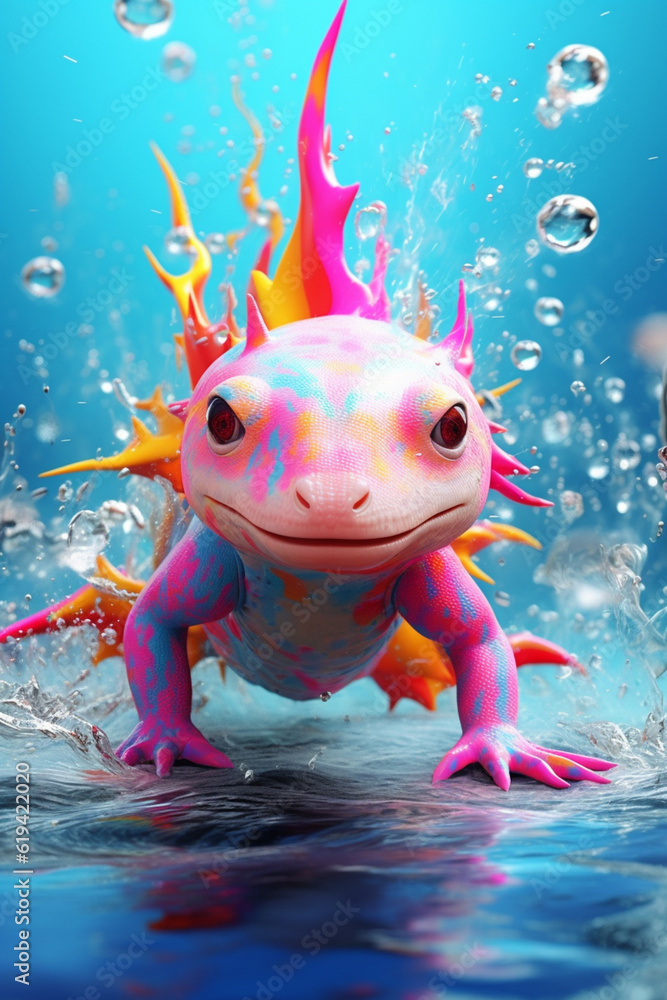 Poster an abstract surreal photograph of a axolotl splashed in bright paint, contemporary colors and mood s