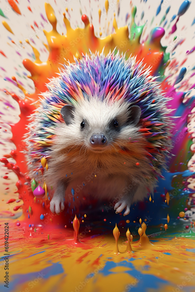 Poster an abstract surreal photograph of a hedgehog splashed in bright paint, contemporary colors and mood 
