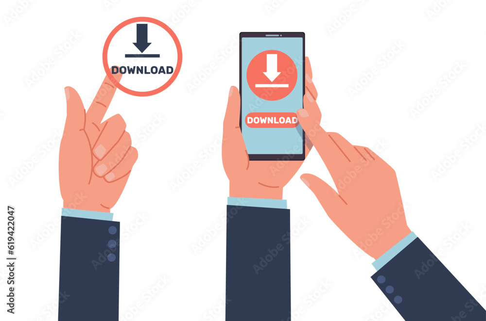 Aufkleber hands press download button on smartphone screen to downloading information from internet. mobile ap