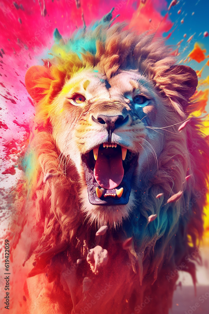 Aufkleber an abstract surreal photograph of a lion splashed in bright paint, contemporary colors and mood soci