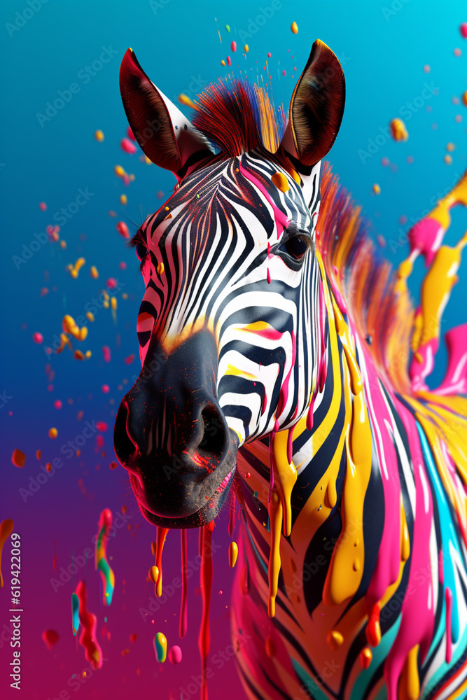 Poster an abstract surreal photograph of a zebra splashed in bright paint, contemporary colors and mood soc