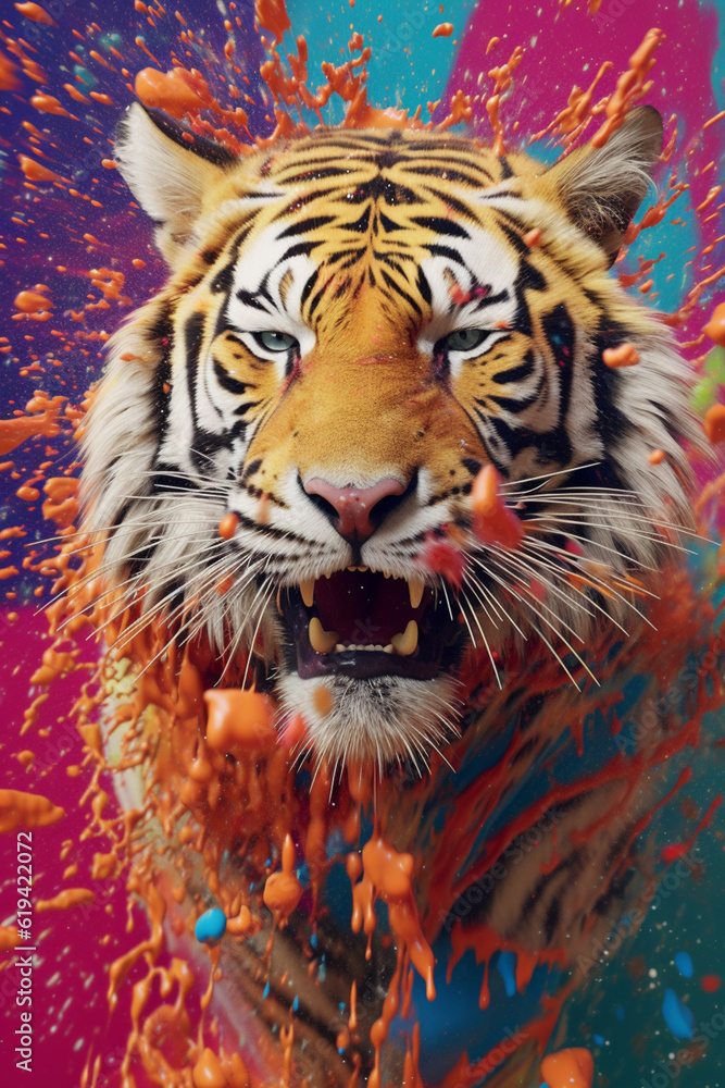 Poster an abstract surreal photograph of a tiger splashed in bright paint, contemporary colors and mood soc