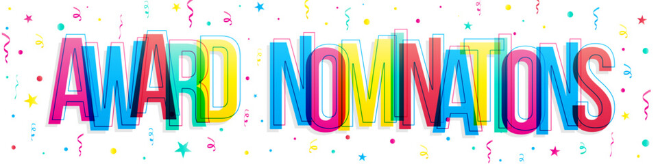 ''Award Nominations'' sign. Colorful overlapping letters isolated on white background.