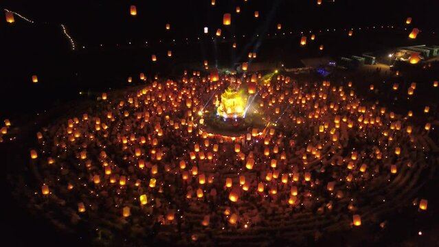 Glowing and flying lanterns, drone video, Yi Peng Lantern Festival, Chiang Mai, Northern Thailand
