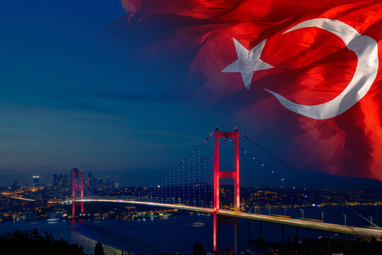 15 temmuz or july 15th concept photo. Turkish flag and Bosphorus Bridge