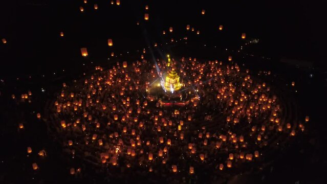 Glowing and flying lanterns, drone video, Yi Peng Lantern Festival, Chiang Mai, Northern Thailand