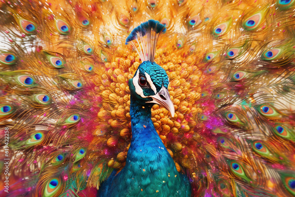 Poster an abstract surreal photograph of a peacock splashed in bright paint, contemporary colors and mood s