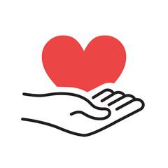 organ donation, red heart in hand palm, linear, vector illustration 