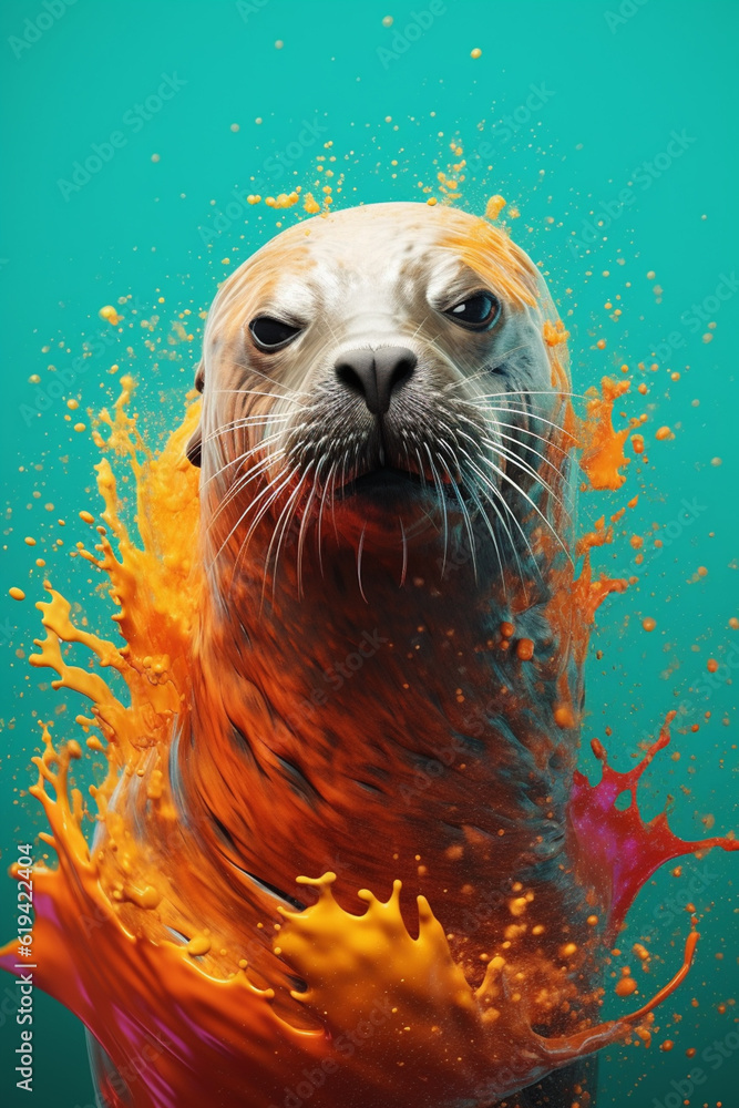 Poster an abstract surreal photograph of a seal splashed in bright paint, contemporary colors and mood soci