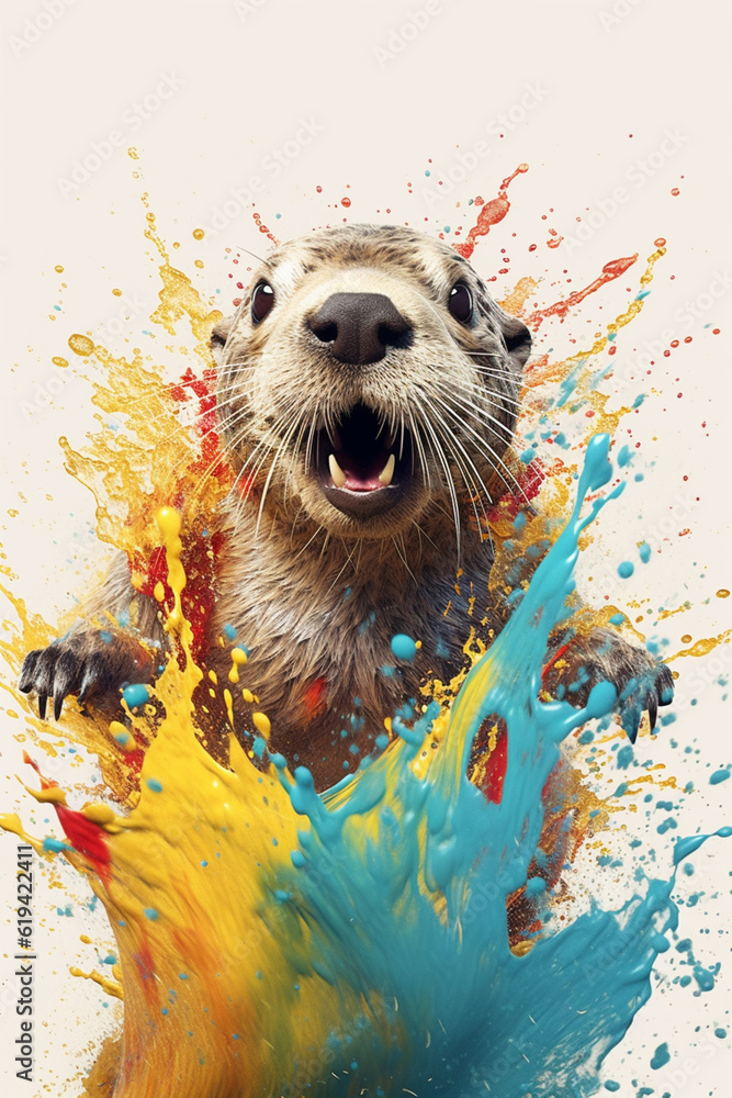 Poster an abstract surreal photograph of a otter splashed in bright paint, contemporary colors and mood soc