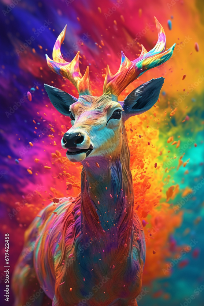 Poster an abstract surreal photograph of a deer splashed in bright paint, contemporary colors and mood soci