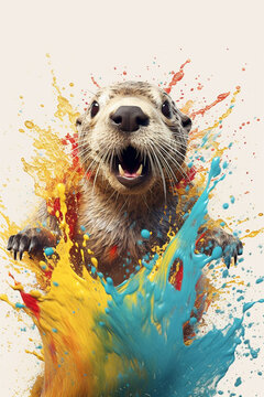 An abstract surreal photograph of a Otter splashed in bright paint, contemporary colors and mood social background.  Generative AI technology.