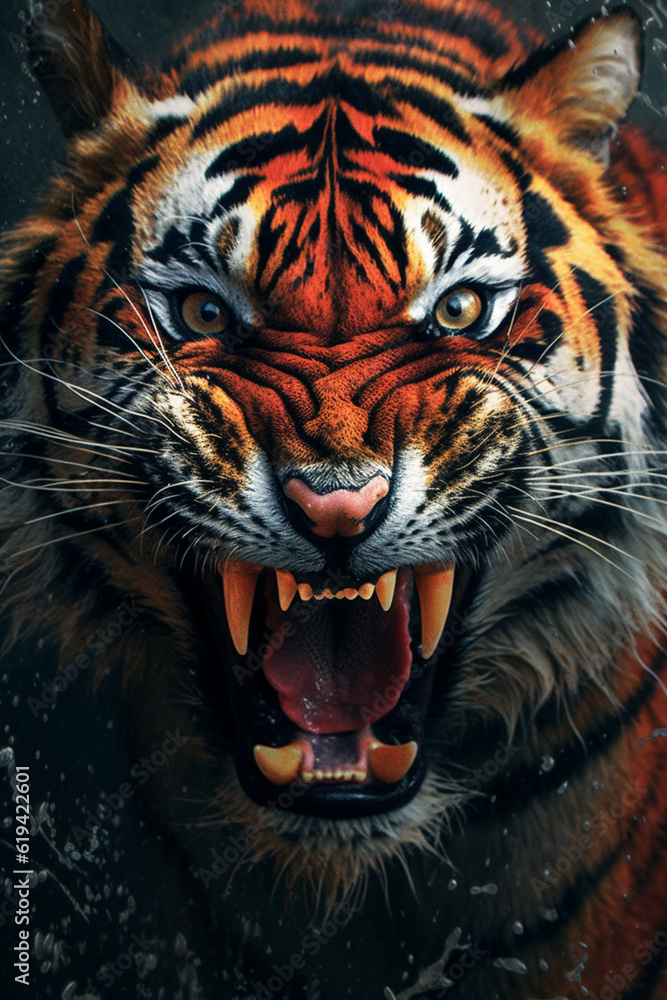 Poster a powerful tiger with bold paint drips across its striped fur, representing the strength and fierce 