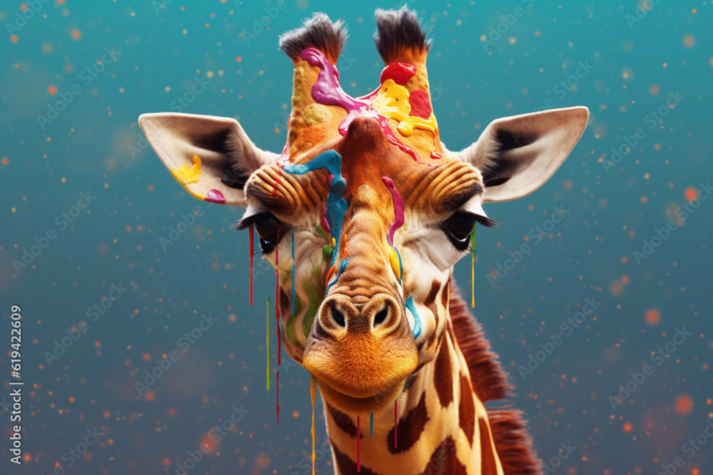 Fototapete A curious giraffe with a long neck adorned in dripping paint, showcasing its unique pattern and height in a whimsical and artistic way. Generative AI technology.