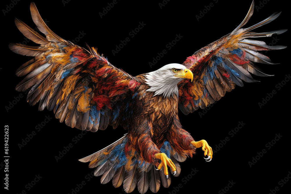 Poster a stoic bald eagle with outstretched wings, each feather traced with intricate paint drips, represen