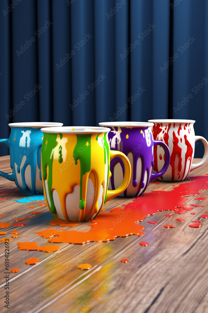 Aufkleber A set of ceramic mugs with dripping paint patterns in various colors, adding a touch of artistic flair to the daily coffee or tea routine.  Generative AI technology.