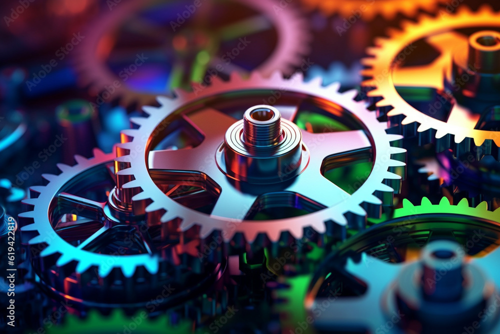 Poster An illustration of gears interlocking and working in harmony, symbolizing how data management and integration facilitate smooth operations and efficient decision-making. Generative AI technology.