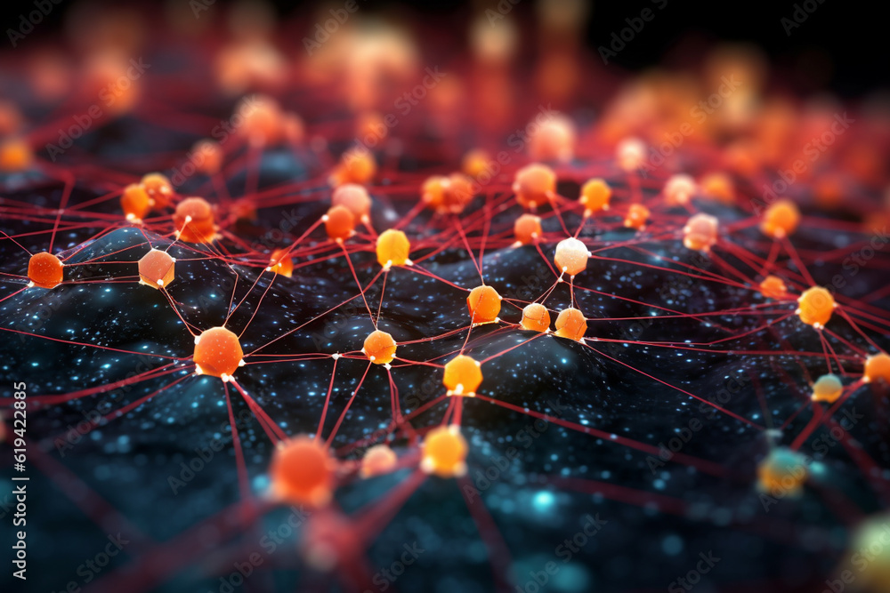 Leinwandbilder A graphic representation of data nodes forming a neural network, showcasing how data management and integration contribute to intelligent data processing and analysis. Generative AI technology.
