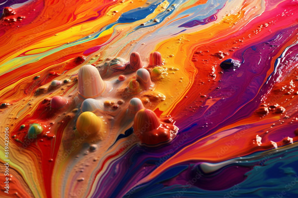 Poster  A colorful and abstract painting of a landscape with flowing rivers of paint drips, evoking a sense of movement and fluidity in nature. Generative AI technology.