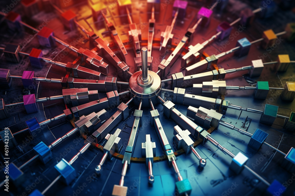 Aufkleber An image of a central hub surrounded by interconnected spokes, symbolizing the role of data management and integration as a central point of control and coordination. Generative AI technology.