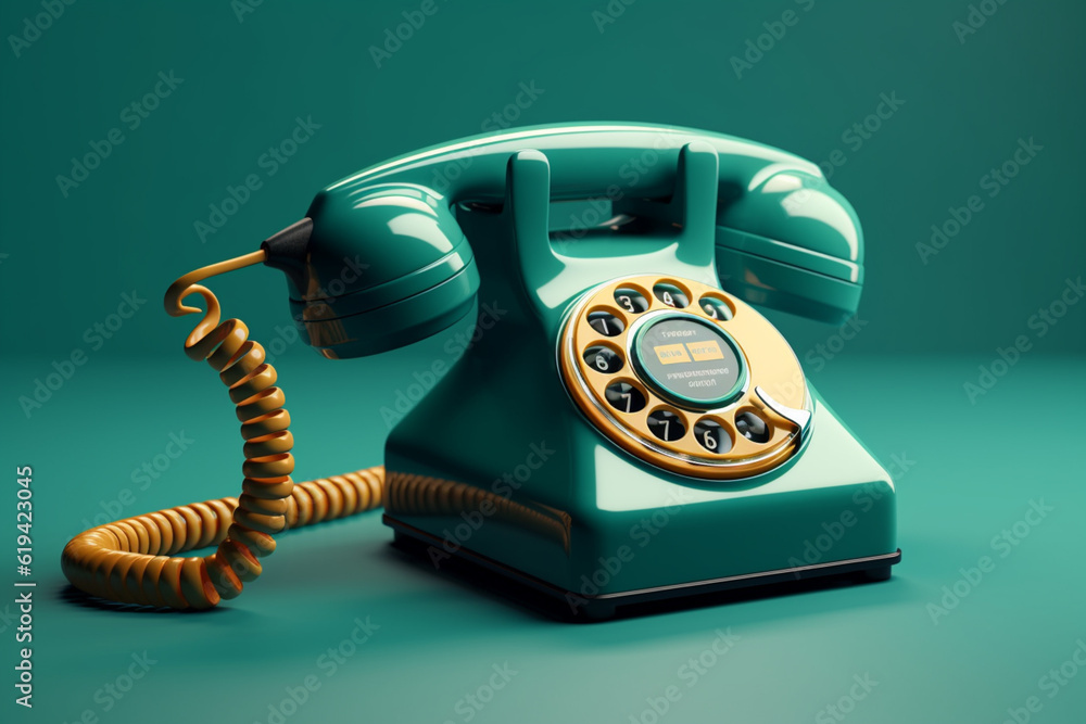 Poster an old-fashioned rotary telephone in a vibrant shade of teal, showcasing the nostalgic charm of vint