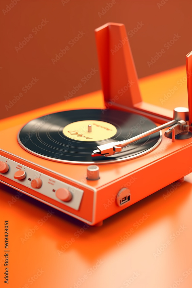 Fototapete A retro record player in a vibrant shade of orange, complete with a vinyl record spinning on the turntable, capturing the timeless appeal of analog music. Generative AI technology.