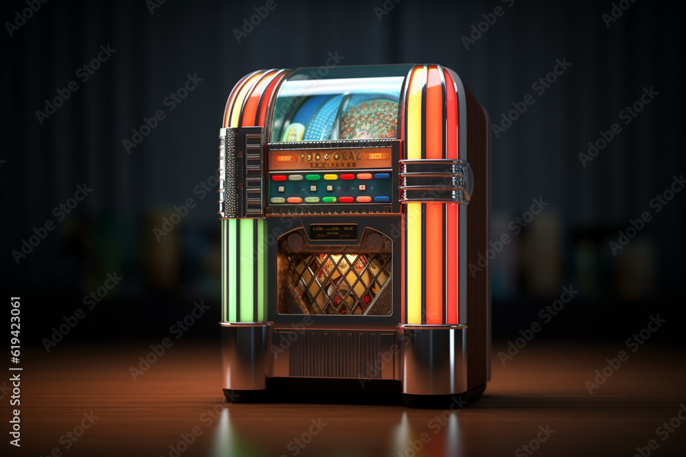 Poster a colorful jukebox from the 1950s, adorned with chrome accents and illuminated buttons, symbolizing 