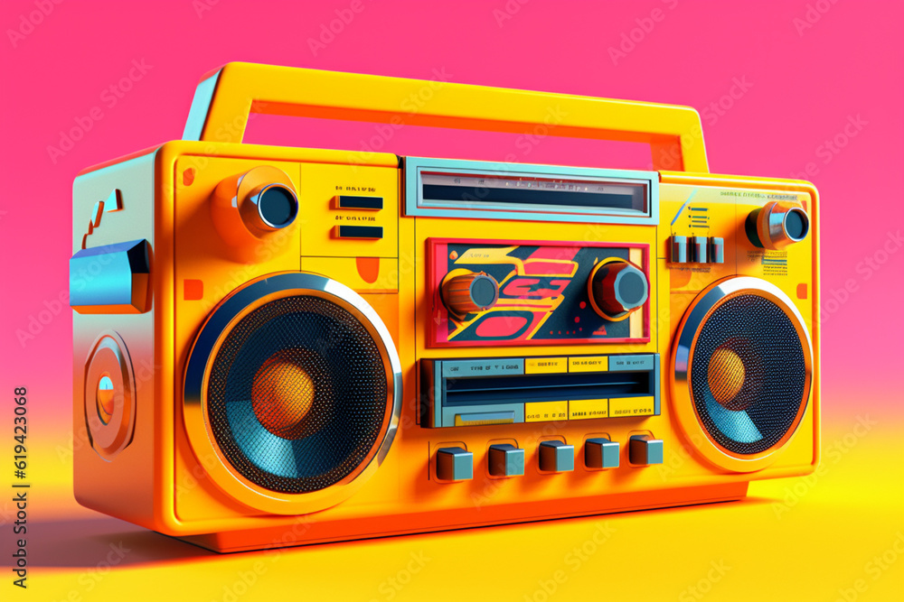 Poster a retro boombox with a cassette player and radio tuner, featuring a bold geometric pattern in vibran