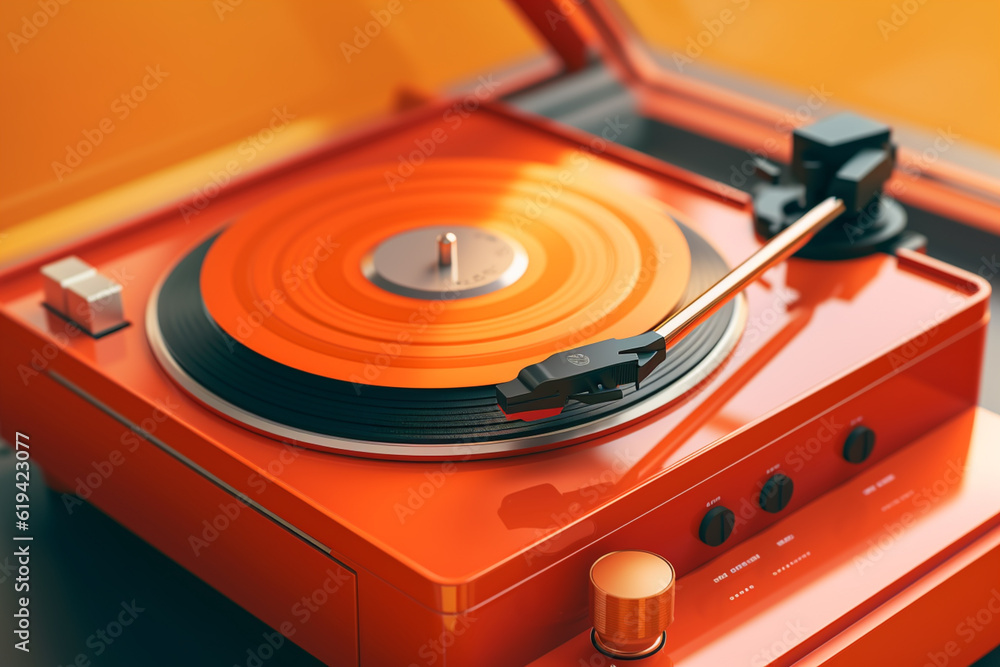Leinwandbilder a retro record player in a vibrant shade of orange, complete with a vinyl record spinning on the tur