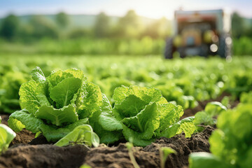 Close Up auf ein Feld mit grünen Salatköpfen. Unscharf im Hintergrund ein Traktor. - obrazy, fototapety, plakaty