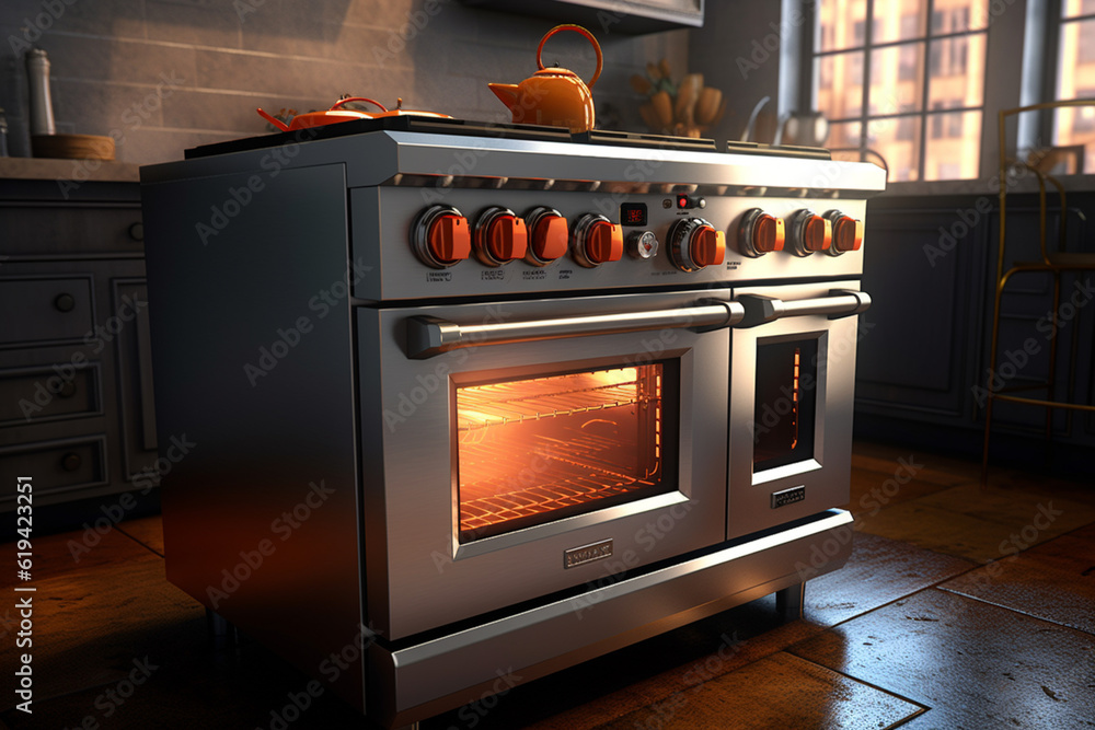 Poster A high-end gas range with multiple burners and a large oven, showcasing professional-grade cooking capabilities. Generative AI technology.