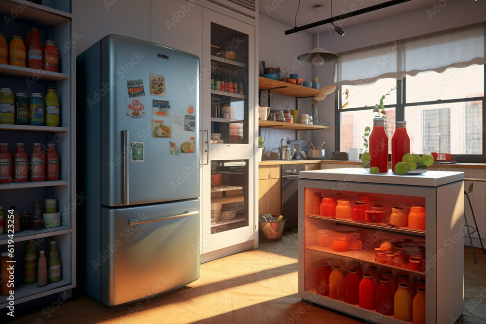 Poster a smart wi-fi-enabled refrigerator with a touchscreen display, allowing users to access recipes, ord