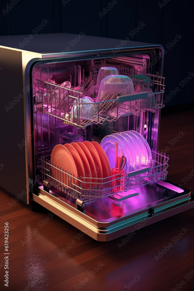 Poster a compact and efficient dishwasher with multiple wash cycles and adjustable racks, designed to fit s