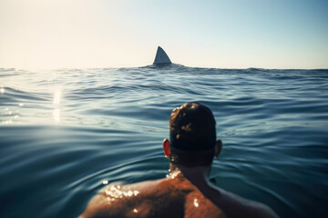 A man swims in the sea and sees a shark fin - 619423230