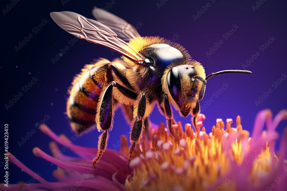 Poster A close-up of a bee collecting pollen from a flower, highlighting the fine hairs and intricate anatomy of the insect.  Generative AI technology.