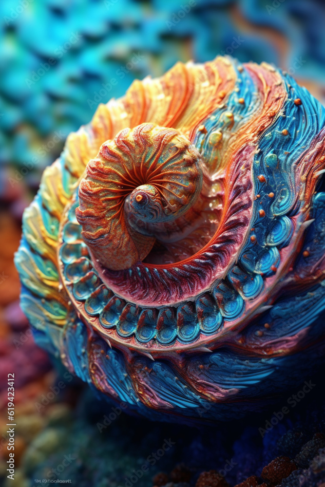 Poster The intricate patterns and textures of a seashell, showcasing its unique spiral shape and delicate ridges. Generative AI technology.