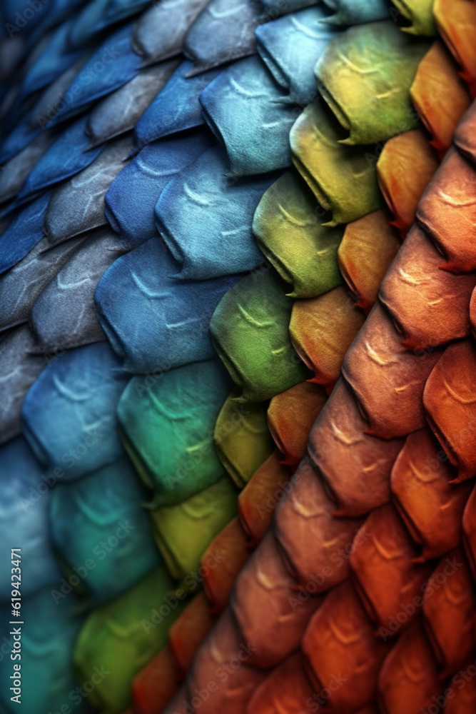 Poster The intricate patterns and textures of a reptile's scales, showcasing their unique arrangement and colors.  Generative AI technology.