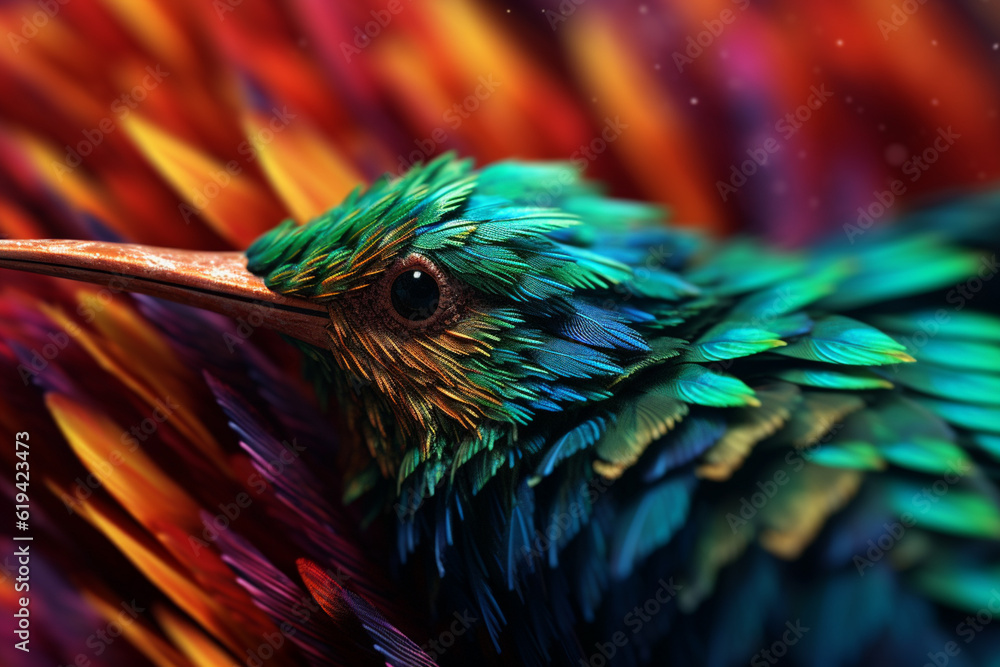 Poster The details of a hummingbird's feathers, capturing their iridescent shine and intricate patterns. Generative AI technology.
