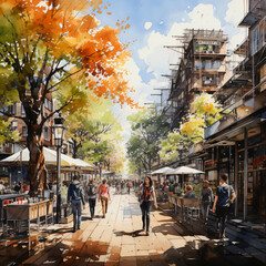 Obraz premium people on a shopping street in a city at a sunny day