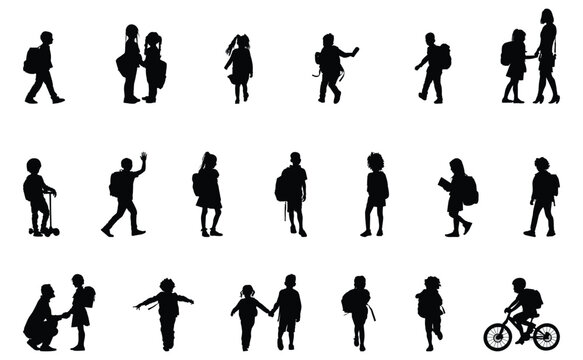 school boys and girls silhouette, kids going to school silhouette design