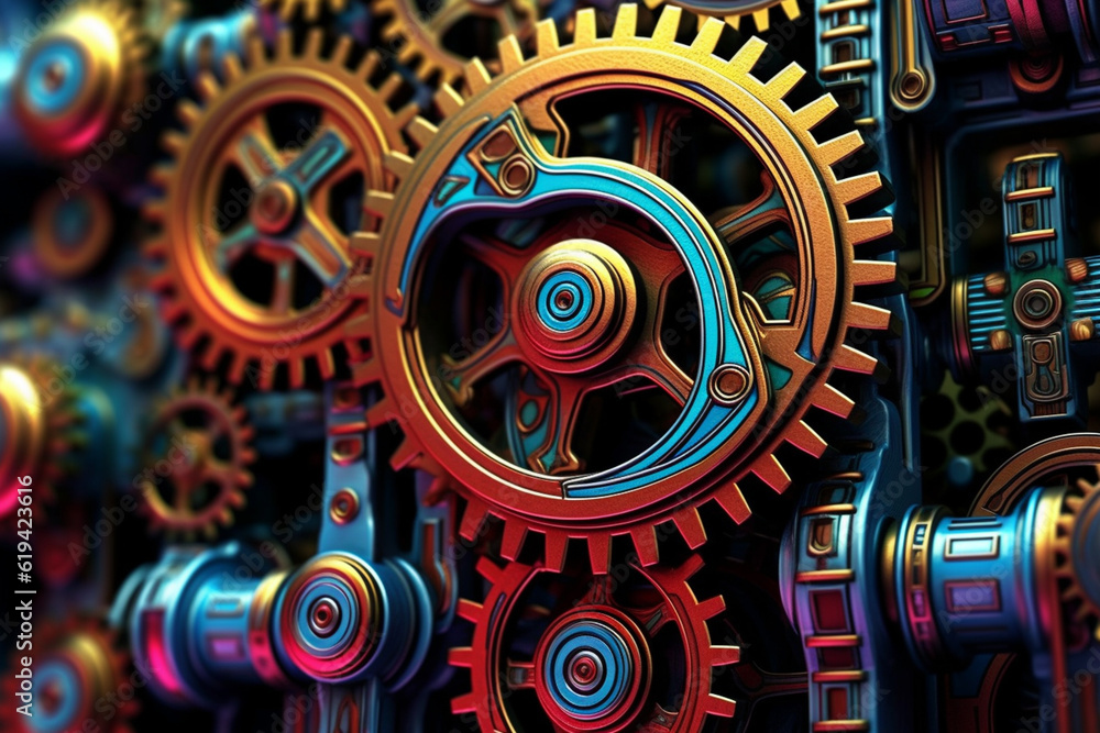 Fototapete An intricate pattern of interlocking gears, resembling a mechanical machinery system. Generative AI technology.
