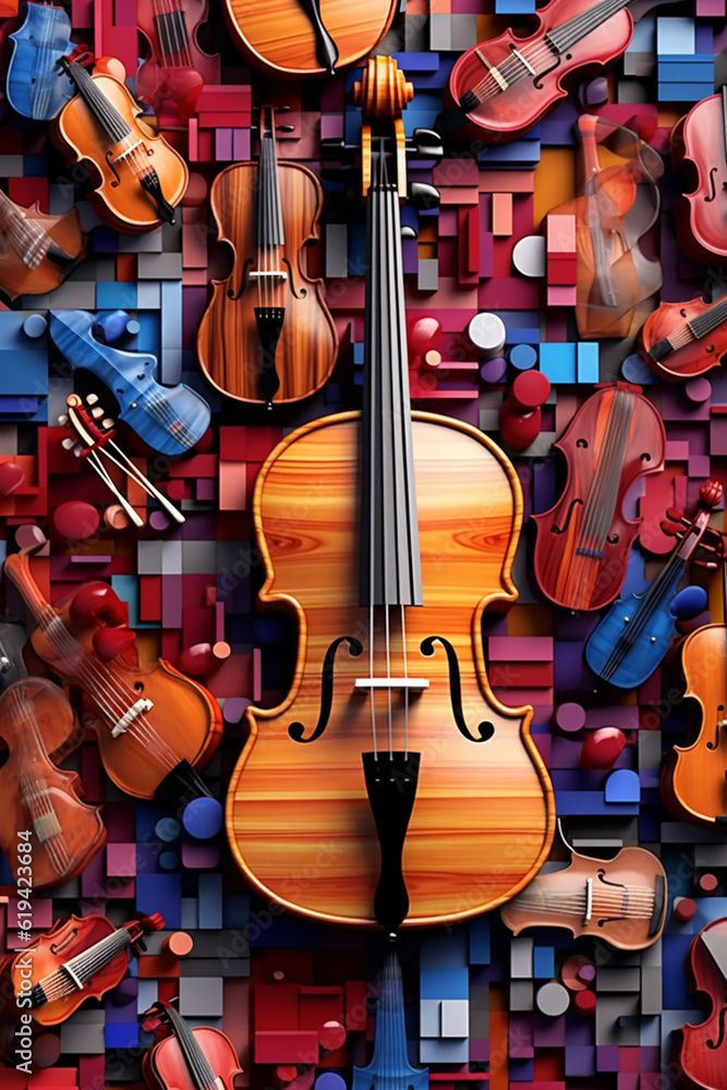 Fototapete A mosaic of interlocking musical notes and instruments, symbolizing the harmony and rhythm of music. Generative AI technology.