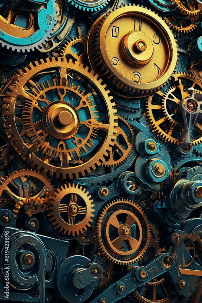 Poster an interlocking pattern of gears and clockwork elements, symbolizing the passage of time and precisi