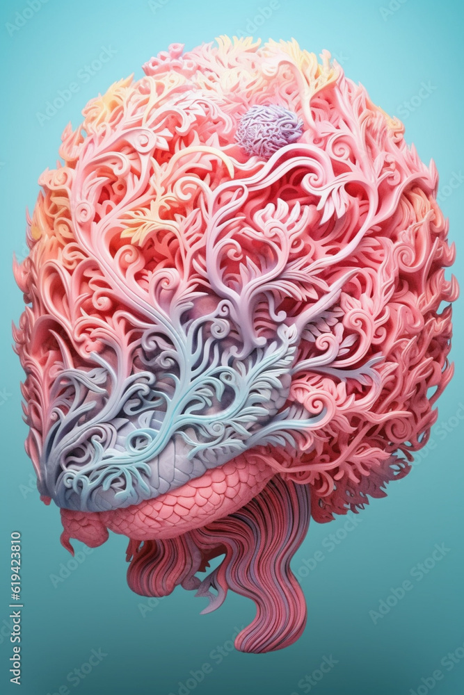 Poster A pastel brain with intricate lace-like patterns, creating an elegant and delicate visual composition.  Generative AI technology.