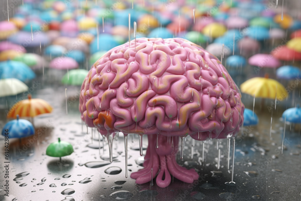 Poster A pastel brain surrounded by softly falling raindrops and umbrellas, symbolizing introspection and contemplation. Generative AI technology.